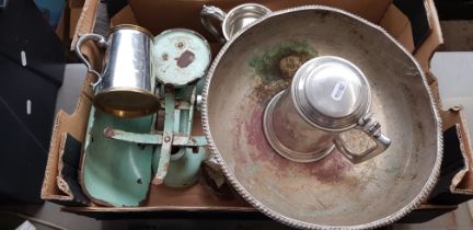 A mixed lot comprising boating interest tankards, footed bowl, vintage scales, mixer tap/shower,