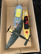3 Dinky toys; Air sea rescue launch, submarine chaser and a Junkers JU 87B airplane.