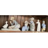 2 Lladro figurines including ‘Feeding the Ducks’ (length of base 23cm) with 3 other figurines by Nao