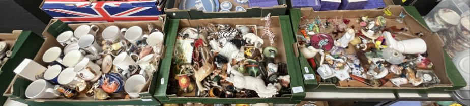 Three boxes of mixed ceramics and glass including Royal Doulton figure 'Darling', glass animals,