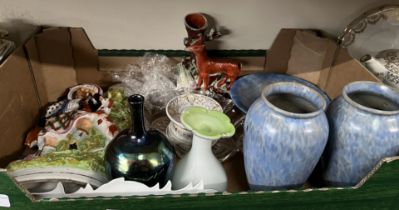 A box of mixed pottery and glass including pair of studio pottery vases, Staffordshire pottery