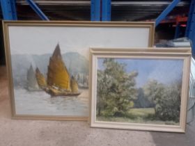 Two oil paintings; a landscape scene with trees, signed 'Winifred Giles' and an Eastern harbour
