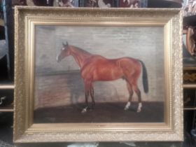T B Whitby (British, early 20th century), 'The Mint', oil on canvas, horse in stable, 60cm x 45.5cm,