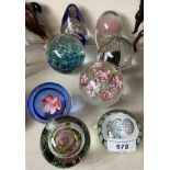 8 quality glass paperweights including Murano