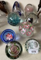8 quality glass paperweights including Murano