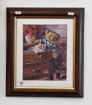 Wendy Stevenson (British, 1950-2003), oil on canvas, cat and teddy in an open drawer, 19cm x 24cm,