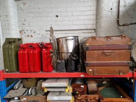 A vintage tin trunk, two stainless steel large pans, 3 imperial weights, a metal ornament and 4