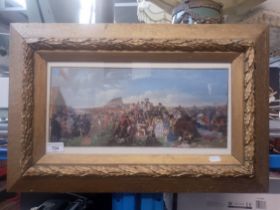 A hand coloured print depicting people at the horse races, framed and glazed, gilt frame, 60.5cm x