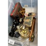 A box of collectables including vintage tins, horn drinking cups, ebony pot, glass domed clock, 3