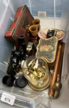 A box of collectables including vintage tins, horn drinking cups, ebony pot, glass domed clock, 3