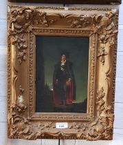 19th century school, oil on board, full length portrait of a man holding a skull, 16.5cm x 24.5cm,