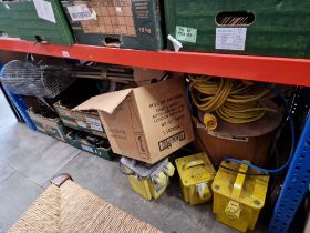 Various boxes of garage ware to include transformers, cable reel, vermin trap, drain rods,