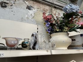 A mixed lot comprising art glass vases and bowl, cut glass bells, ceramic planter with silk flowers,