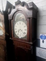 A 19th century eight day long case clock, with pendulum and pair of weights.