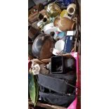 3 boxes of mixed pottery, glass, video camera, metal ware, etc.