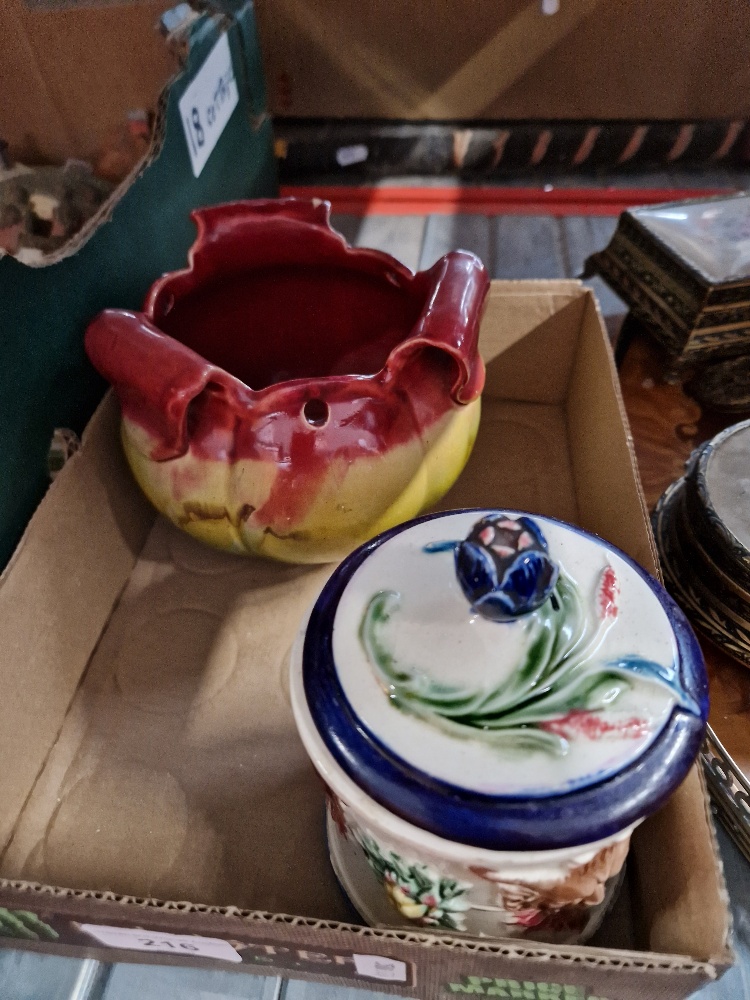 Antique Majolica tobacco jar with satyr mask heads and planter.