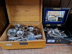 Two wooden boxes containing various silver and plated ware, etc.