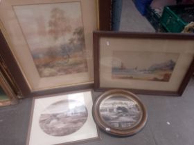 Four original works; two rural scene oil on boards signed Jack Cuthbert, a coastal scene watercolour