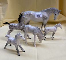 5 dappled grey Beswick horse figures - tallest 14cm, smallest appx 8 cm