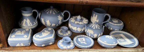 Wedgwood jasper wares - teapot and covered sugar basin with 12 further pieces including egg, jug