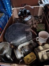 A mixed lot of collectables including binoculars, clock, pressure gauge, musical tankard, etc.