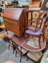 Various items of furniture; mahogany bureau, side cabinet, two chairs and a mahogany extending