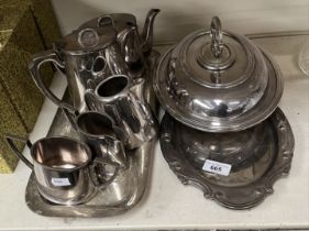 Various silver plated itens including 2 trays, lidded serving dish, teapot, water jug, sugar basin
