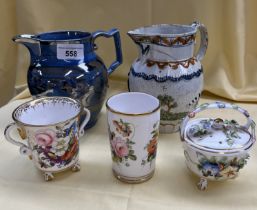 A blue and silver lustre jug and Prattware hunting jug (cracked), together with 3 pieces of hand