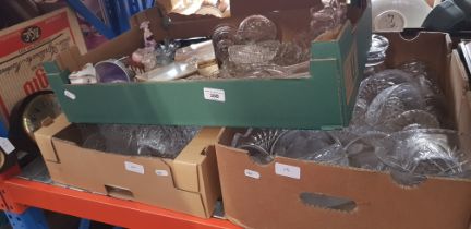 3 boxes of mainly glass, some pottery, a barometer, vases, bowls, etc.