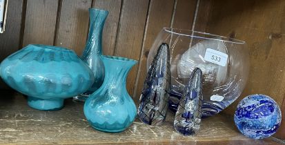 Art glass - 7 pieces by Langham, England, including a large blue and clear glass bowl approx 16cm