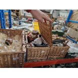 3 wicker hampers and a box of glass decanters, pottery, glasses.