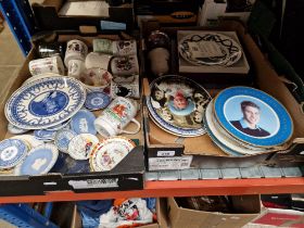 Two boxes of mixed china including Wedgwood, commemorative ware, jasperware, etc.