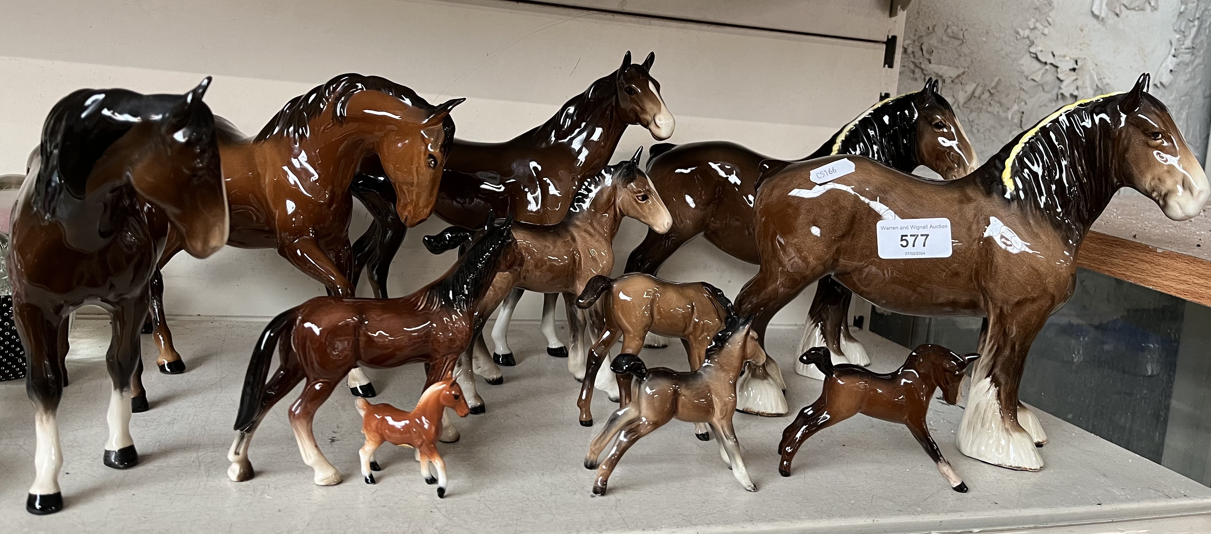 9 Beswick horse figures (5 large, 4 small) including 2 Shire horses, together with 2 other samll