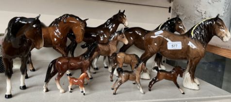 9 Beswick horse figures (5 large, 4 small) including 2 Shire horses, together with 2 other samll