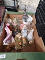 A box of collectables including Royal Doulton figure "Isadora", Wedgwood figures, Goebel figures,