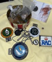 A mixed lot comprising a tin of UK pre and post decimal coins, a bag of metal membership badges