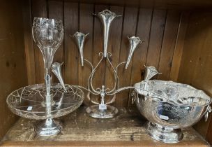 A silver plated punchbowl, ladle, and 6 cups, together with a silver plated epergne and a table