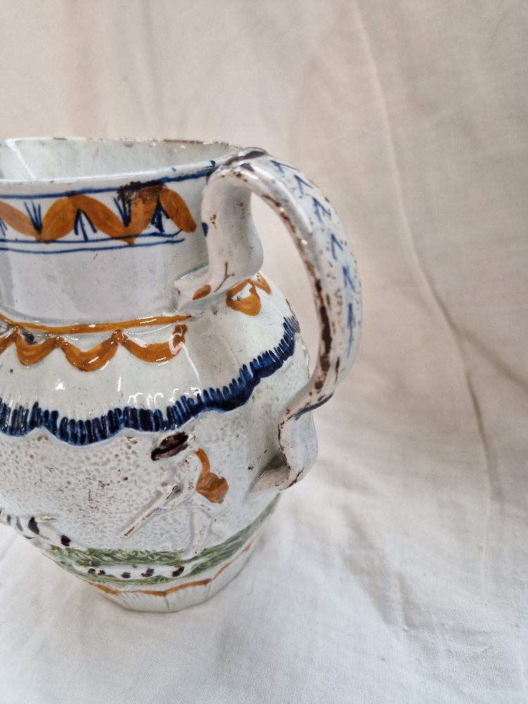 A blue and silver lustre jug and Prattware hunting jug (cracked), together with 3 pieces of hand - Image 5 of 6