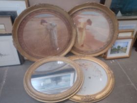 A gilt framed mirror, framed dried flowers and two gilt framed Pre-Raphaelite prints.