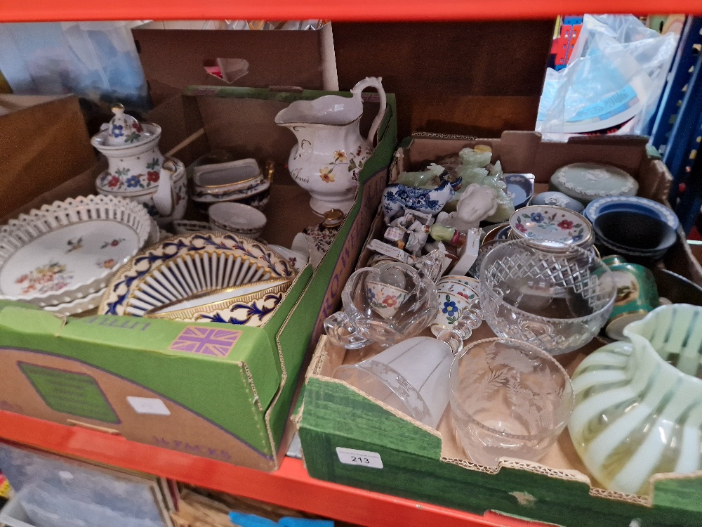 Two boxes of mixed ceramics including vaseline glass vase, blue and white, Coalport sugar bowl,