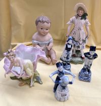 3 Delft figures, boys and girls together with 3 other continental pottery figures