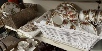 Royal Albert Old Country Roses - 2 boxes containing over 60 pieces, napkins, tablecloth etc