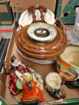 A box of assorted pottery, glassware, a barometer, blue and white, two Royal Doulton toby jugs, etc.