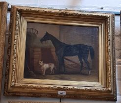 Late 19th/early 20th century school, oil on canvas, horse in stable with dog, 38.5cm x 31cm,