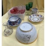 Swansea hand painted dish, tea bowl and saucer, coffee can and bow, together with glassware