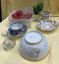 Swansea hand painted dish, tea bowl and saucer, coffee can and bow, together with glassware