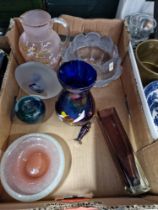 Vintage glass including Holmegaard lily vase, iridiscent art glass, Vasart bowl and paperweights.