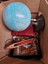 A box of miscellaneous including an illuminated globe, mother of pearl inlaid box, flying shuttle,