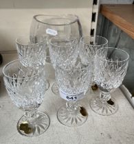 6 Waterford crystal sherry glasses and a shallow vase by Waterford