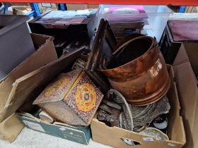 2 boxes of assorted collectables to include copper & brass buckets, ceramic bottles, tins, snooker